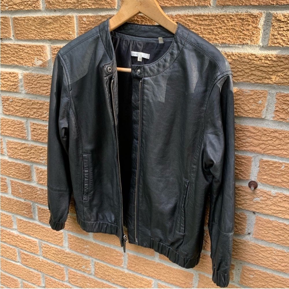 VINCE 100% Leather Bomber Light Jacket Black Mandarin Collar Full Zip Coat XS
